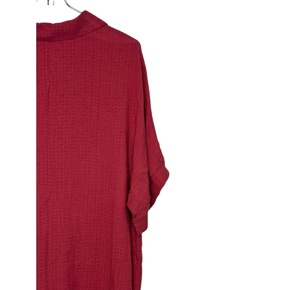 BKE Women Top Shirt Button Front Collar Pocket Short Sleeve Oversized Red Small - Image 8