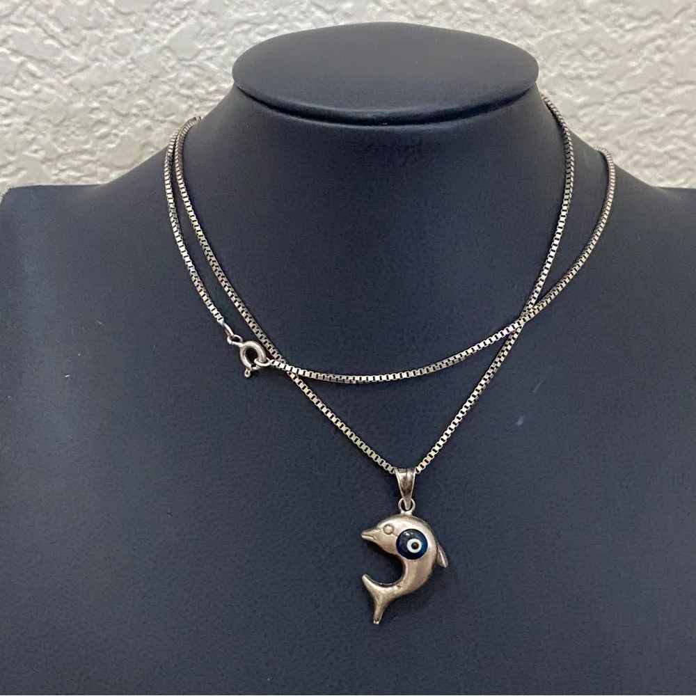 Unique Vintage 925 Sterling Silver Dolphin Blue Evil Eye Pendant 24” Necklace 7g - Image 11