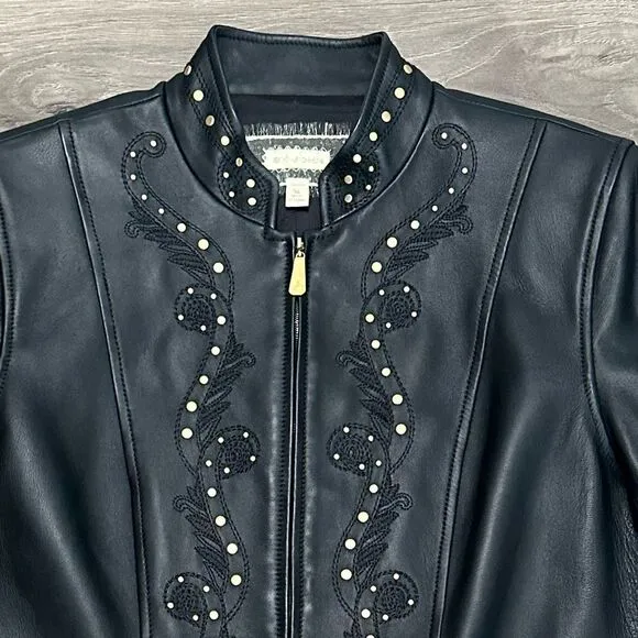 St. John Lamb's Leather Black Gold‎ Studded Full Zip Jacket Size Medium - Image 3