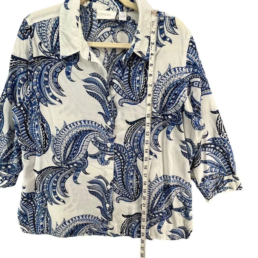Chicos Blouse Womens US M Blue White Paisley Cotton Silk Button 3/4 Retro Boho - Image 7