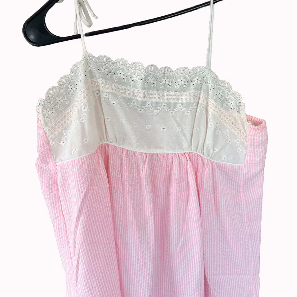 Juli Slumbertogs Vintage Pink Seersucker Nightgown Robe Set Eyelet Lace Cottage - Image 15