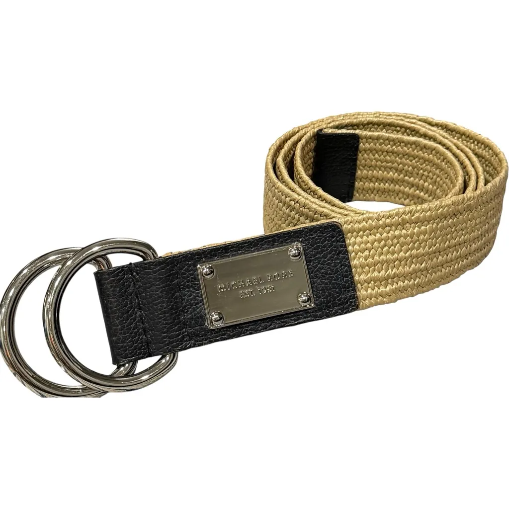 Michael‎ Kors Tan Woven Stretch Belt Leather Trim Logo Plate Double D-Ring S/M - Image 5