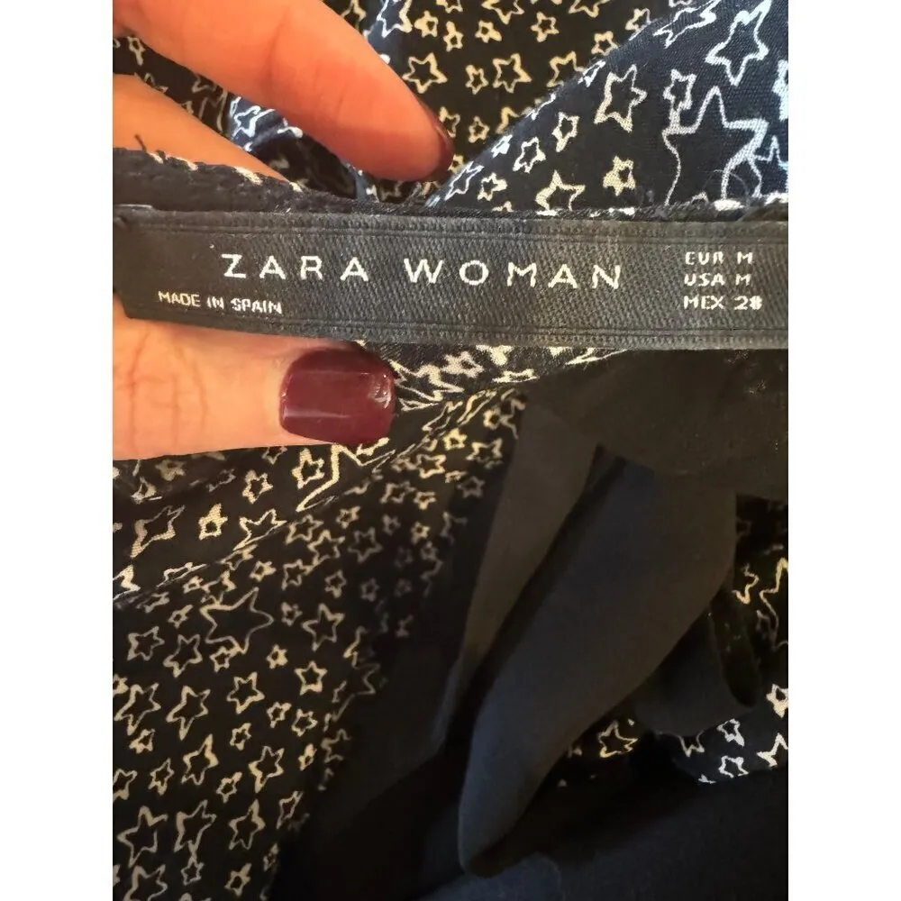 Zara Dress Women Medium Black Ivory Star Print‎ Bow Neckline Long Sleeve Mini - Image 9