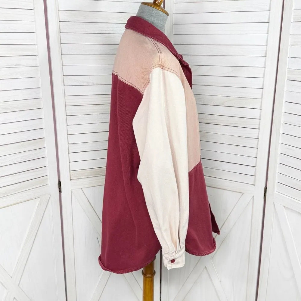 Missguided Color Block Oversized Denim Button Up Shirt Maroon Peach 8 - Image 3