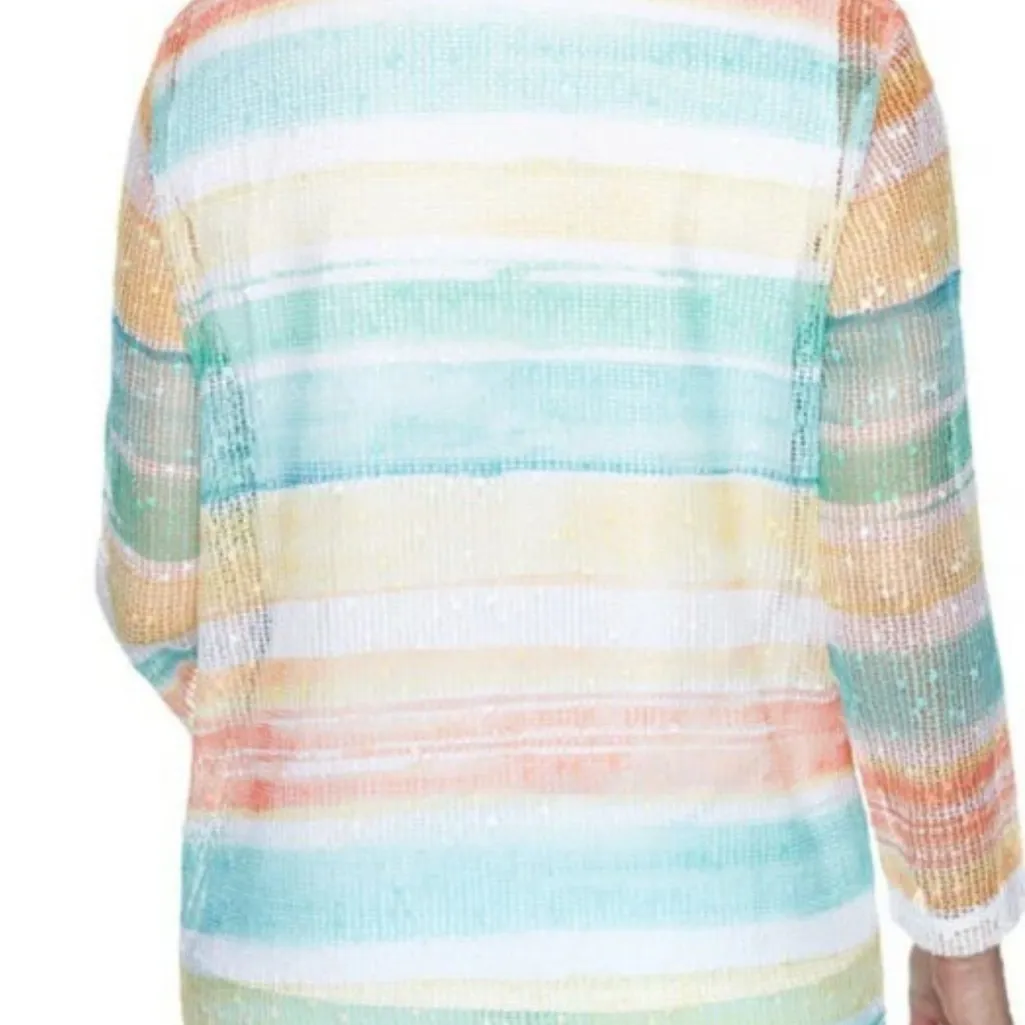 Alfred Dunner Spring Lake 3/4 Sleeve Top PXL Multicolor Mesh Cardigan Beachy - Image 2