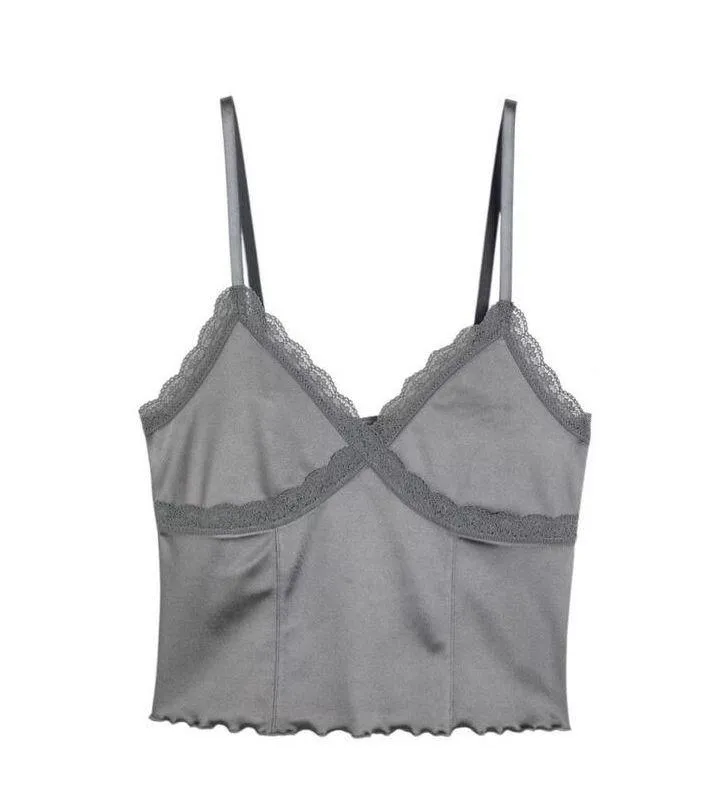 H & M LACE-TRIMMED CAMISOLE TOP Womens Size Medium Cami Y2k Dark Grey - Image 4
