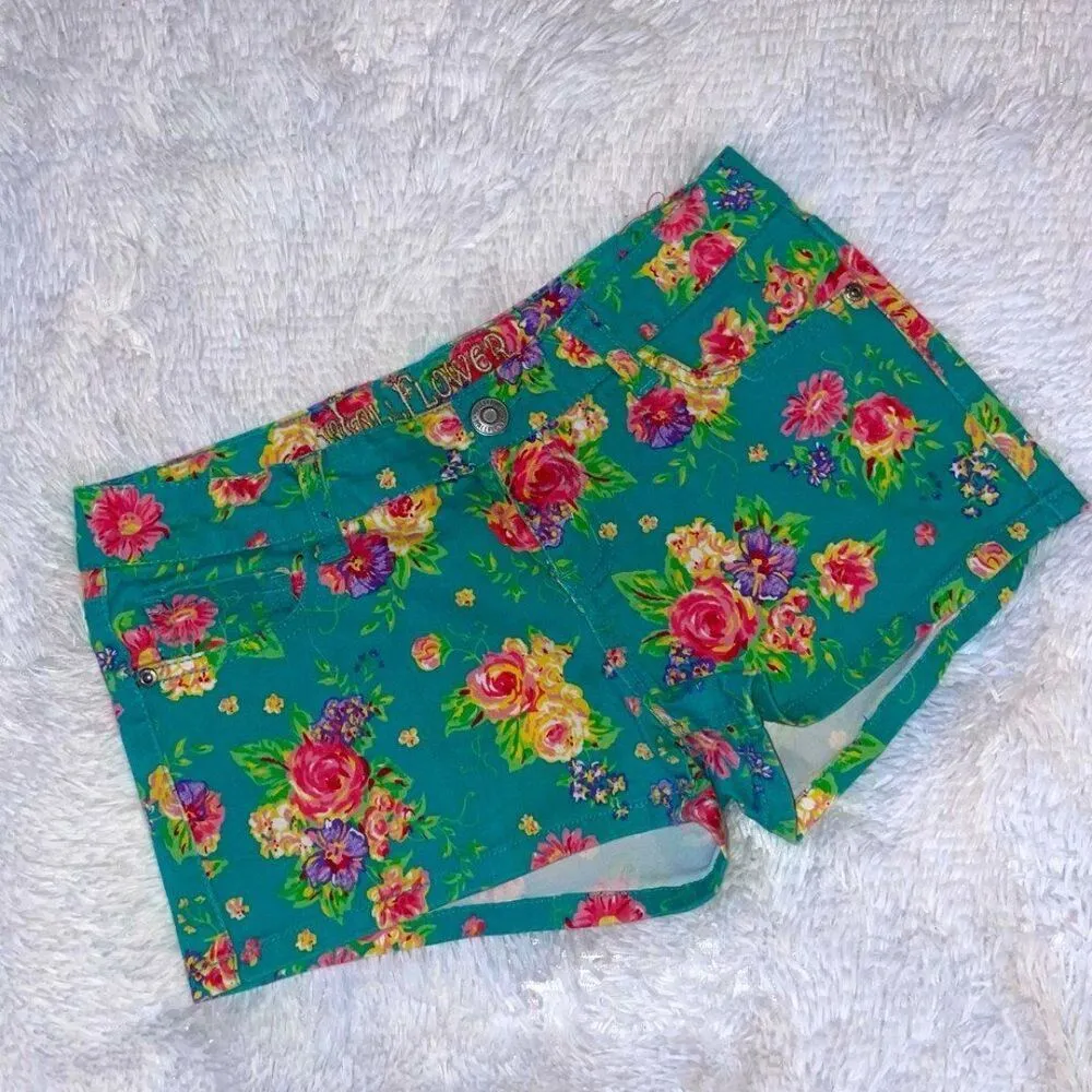 Wallflower Womens Floral Shorts Size 7 Juniors Green Pink Yellow Roses pocket - Image 3