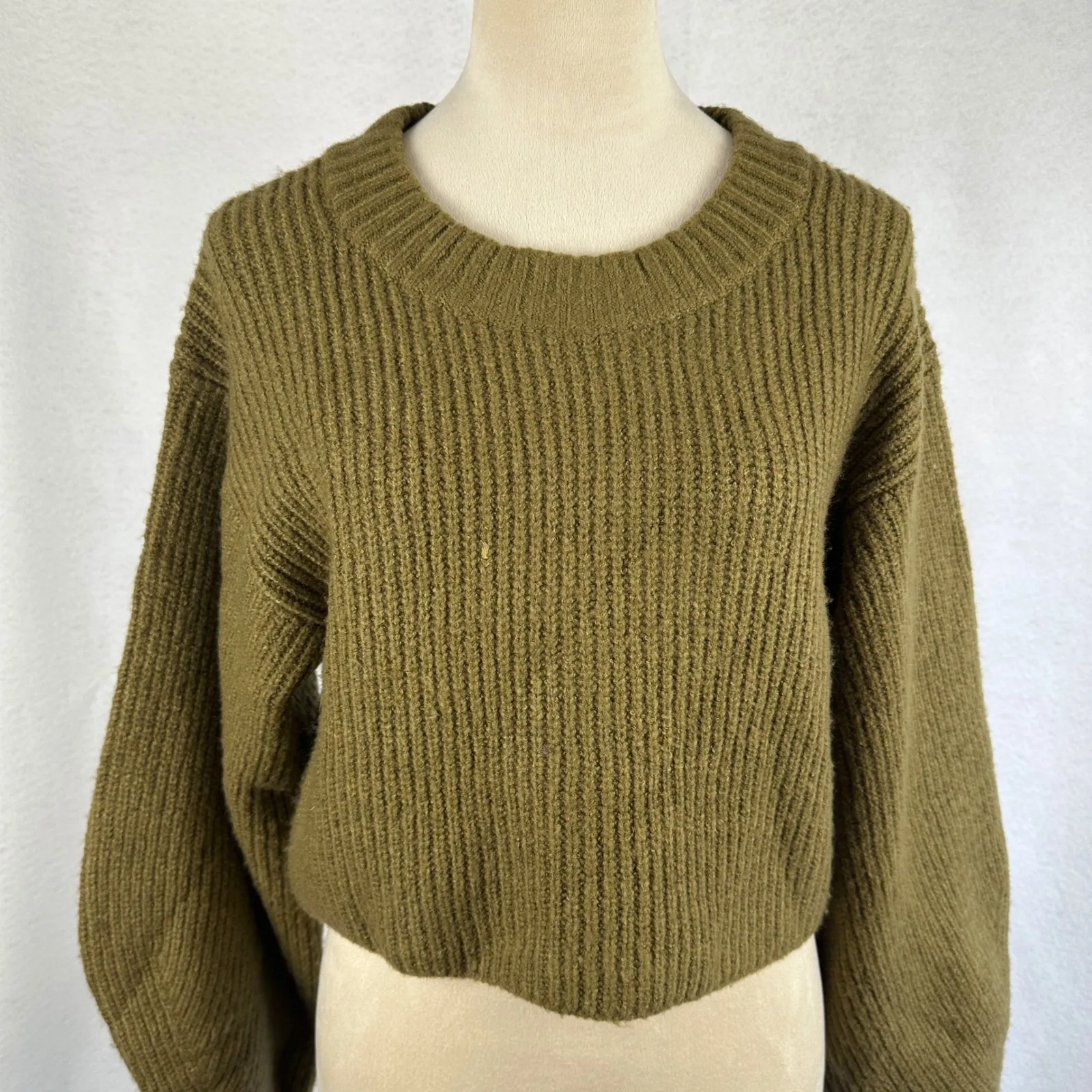Urban Outfitters Olive Green Ribbed Cropped Balloon Sleeve Sweater Women Small P - Image 2