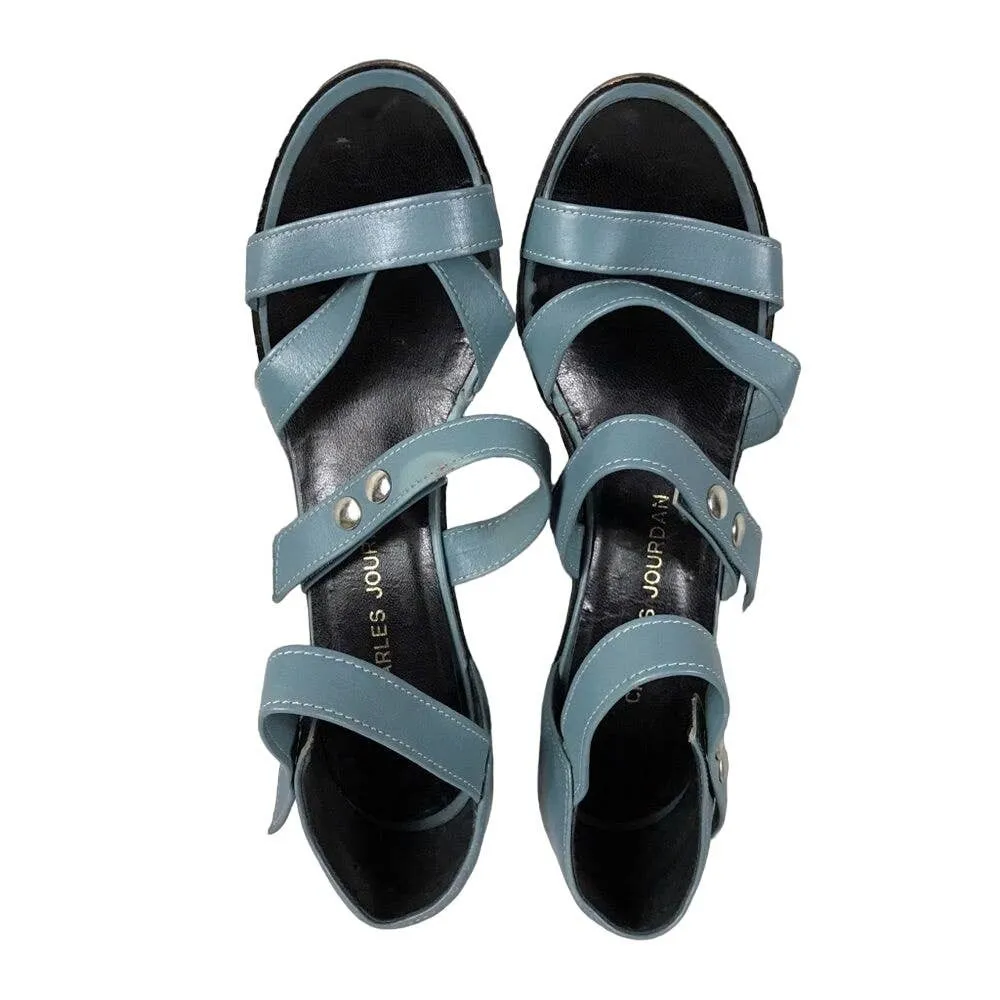 VINTAGE CHARLES JOURDAN Blue Leather Sandals Block Heels Italy 7.5 AA Narrow EUC - Image 2