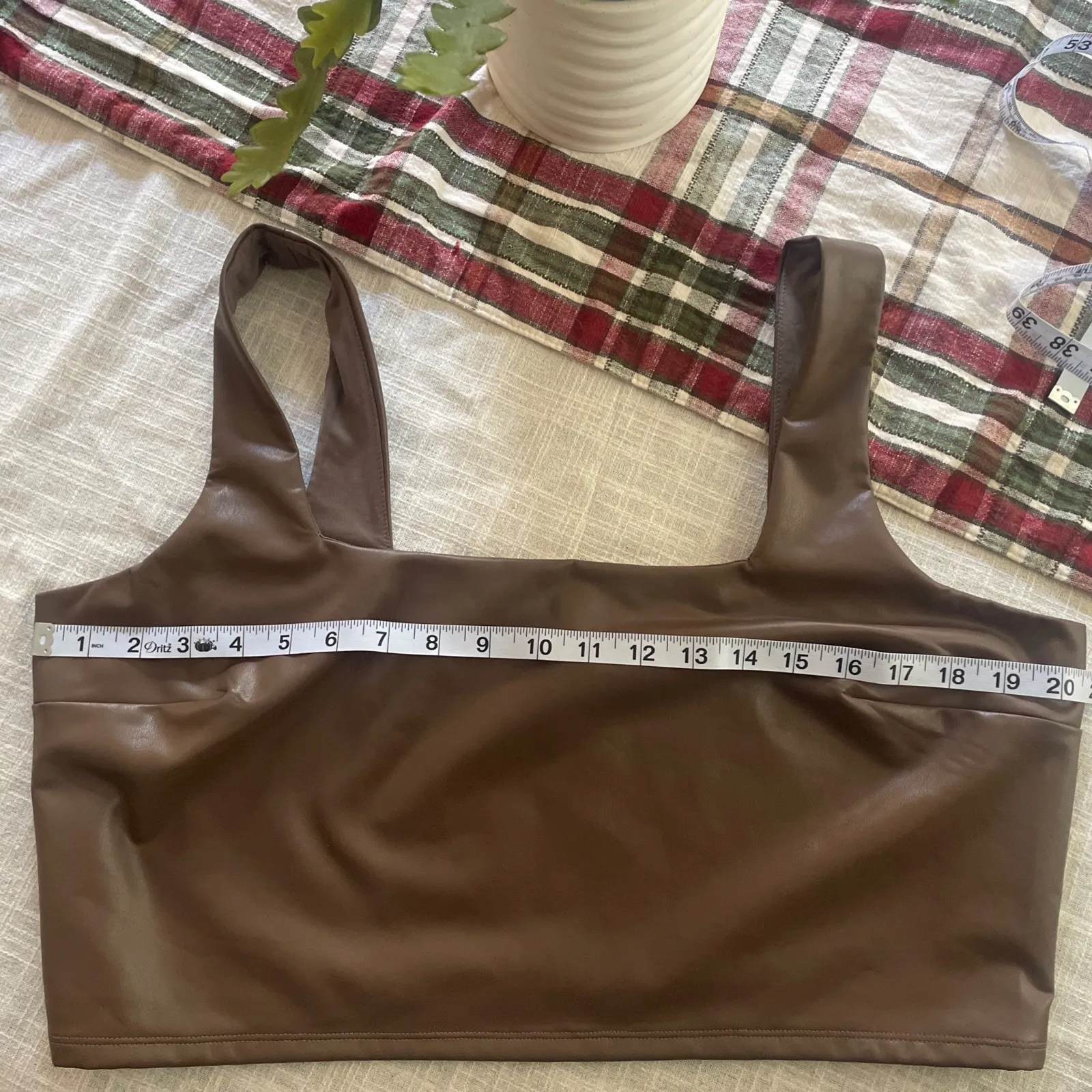 Express Body Contour Brown Faux Leather Crop Tank Top XL‎ Fall Square Neck - Image 7