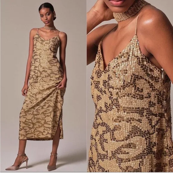 Anthropologie Sequined Slip Dress Midi Party Sage Gold - Image 2
