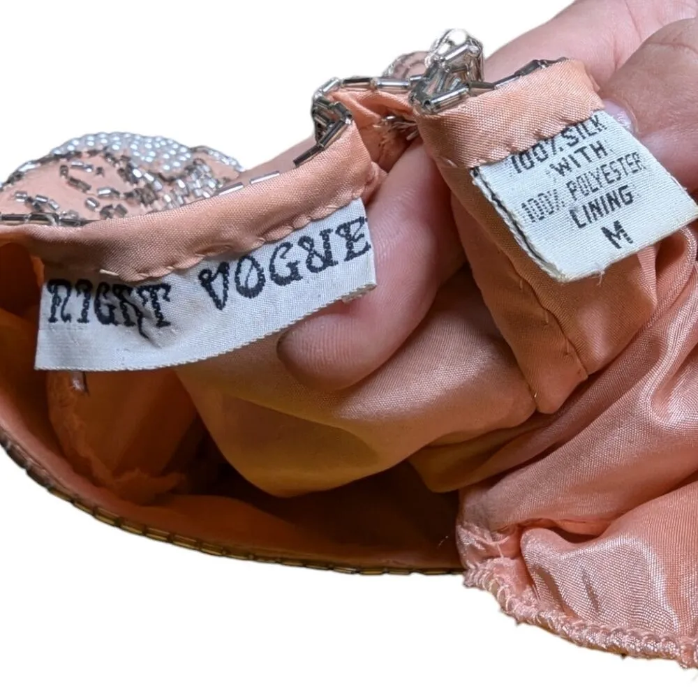 Vtg 1980s Night Vogue Peach 100% Silk Bead Embellished Long Sleeve Mini Dress M Orange Size M - Image 7