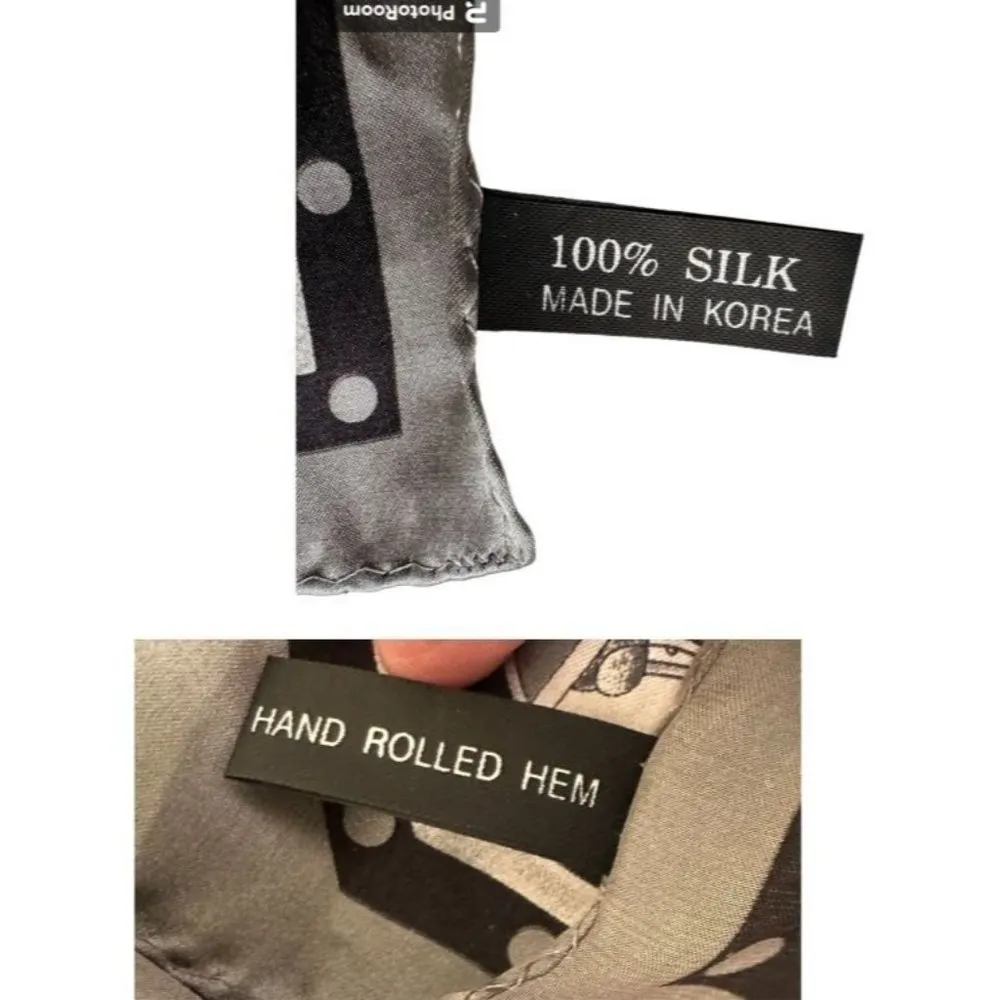 Vintage Neck Scarf Silver Black Floral Art Deco Hand Rolled Hem Korea Co… - Image 11