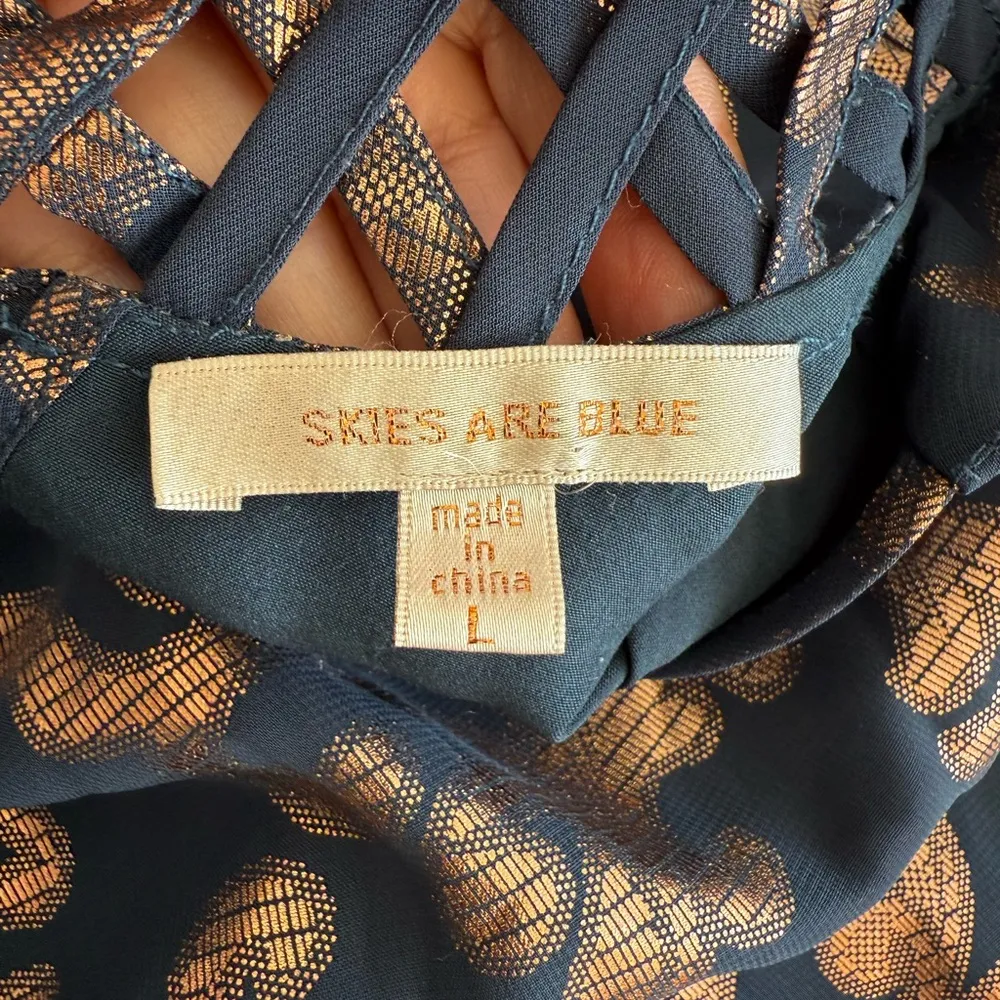 Adriane Dress by Skies are Blue Stunning Shiny Gold and Blue Large Mini Sheer - Image 7