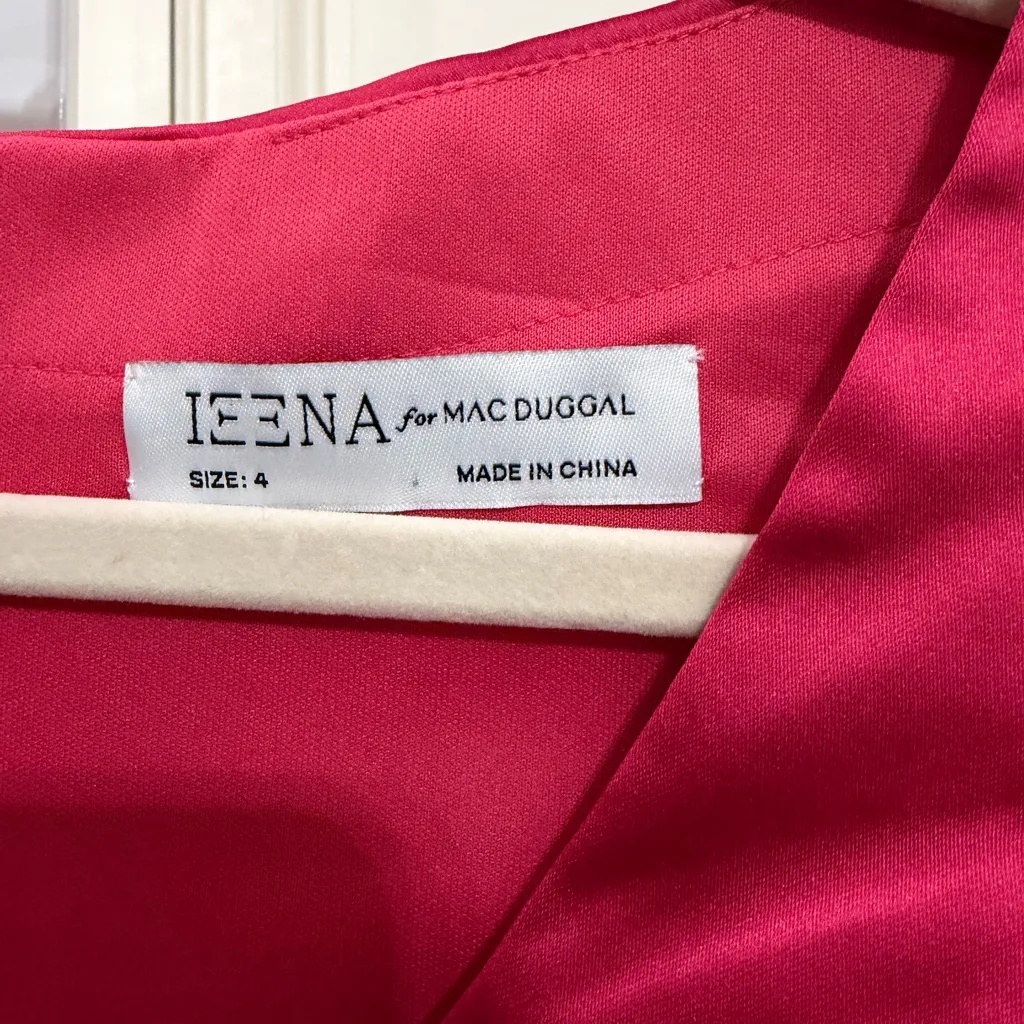 MAC DUGGAL 26625 SATIN RUCHED V-NECK FAUX WRAP LIPSTICK PINK MIDI DRESS sz 4 - Image 12