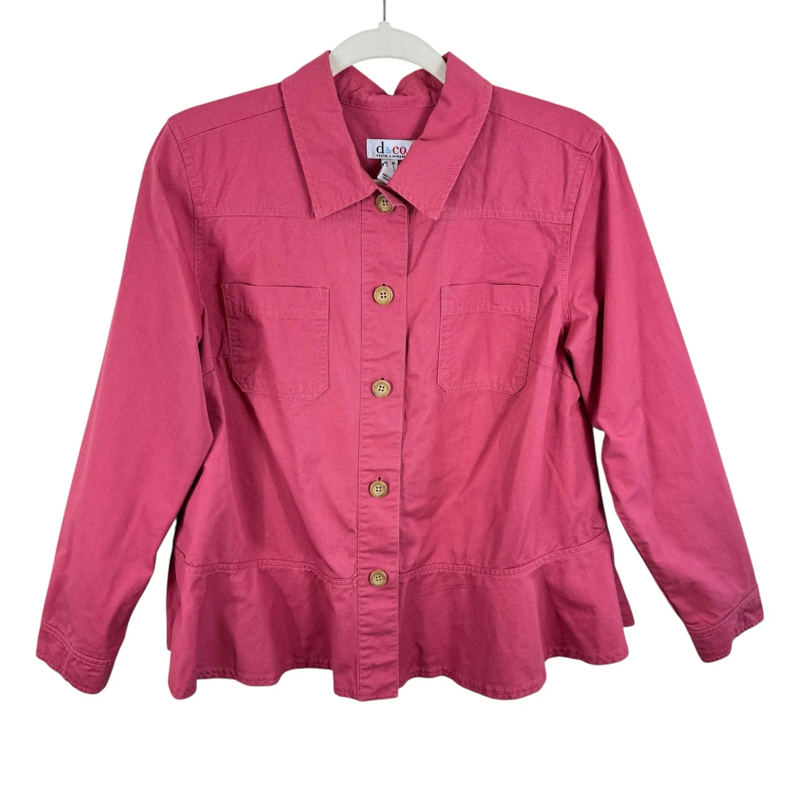 D & Co. 100% Cotton Pink Collared Peplum Button Up Lightweight Shacket Size M Size M - Image 3