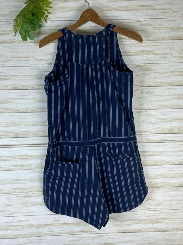 Sandy and Sid Blue Pinstriped Cotton Faux Drawstring button down Romper - Image 6