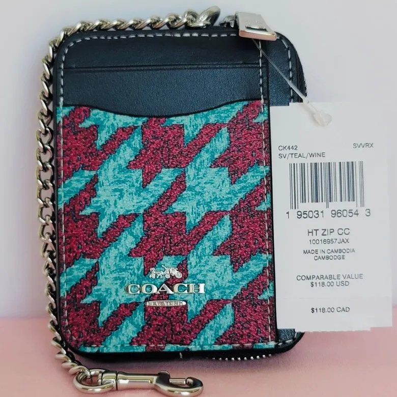 NWOT COACH Chain Zip Card Case Navy Teal Houndstooth With Chain Wallet $118 - Image 2