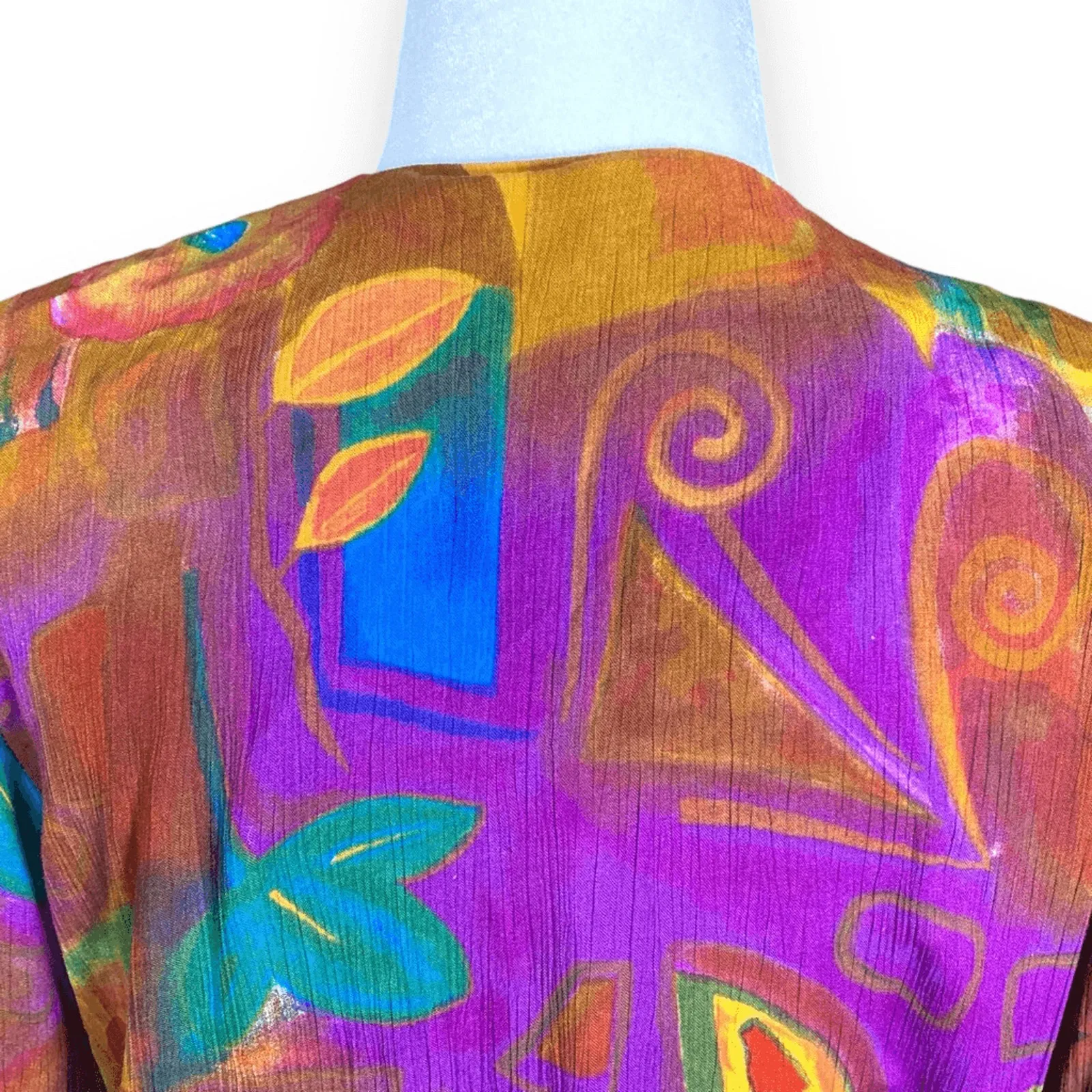 Vintage 90s Abstract Floral Tie Front Top Cropped Multicolor Rayon Shirt Small Orange - Image 7