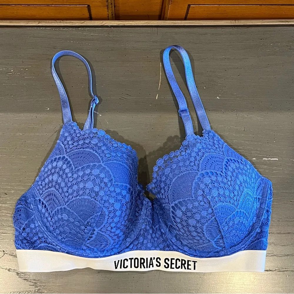 Victoria’s Secret Blue Lace & Logo Perfect Shape Underwire Bra - Image 3