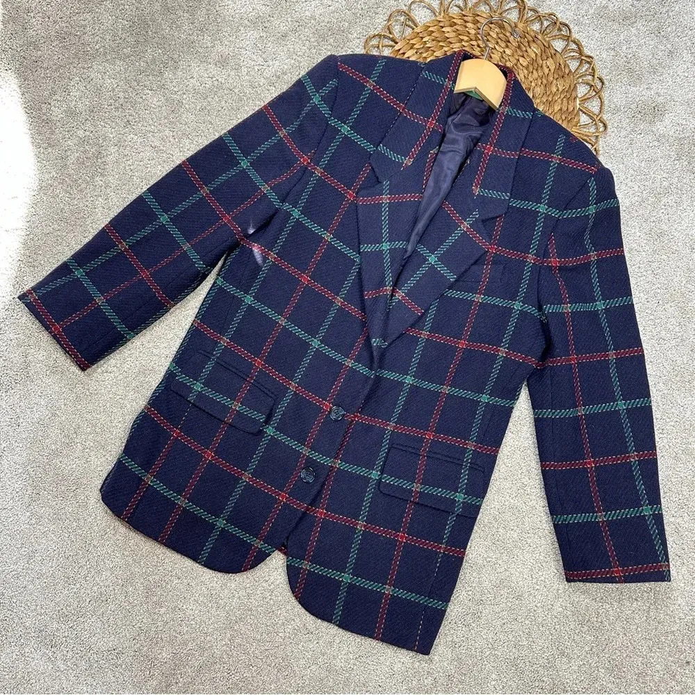 Hunt Club Women’s Blazer 100% Wool Blue Plaid Checkered Classic Jacket Size S - Image 2