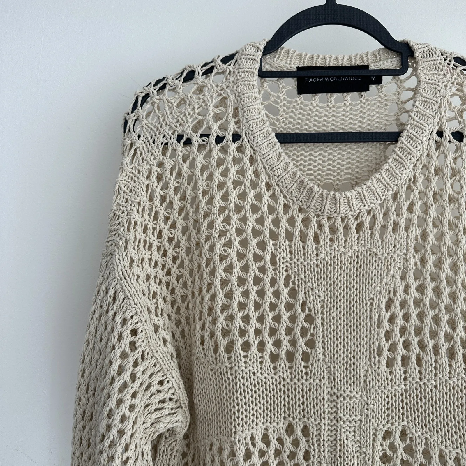 Racer Worldwide Cross Net Sweater Womens Medium Beige Cream Crochet Open Knit - Image 3