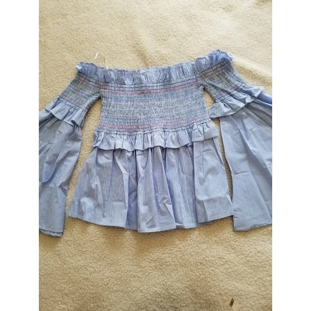 AQUA Brand Womens Tunic Top, Blue&White Stripe, Bell Sleeves Off The Shoulder S - Image 3