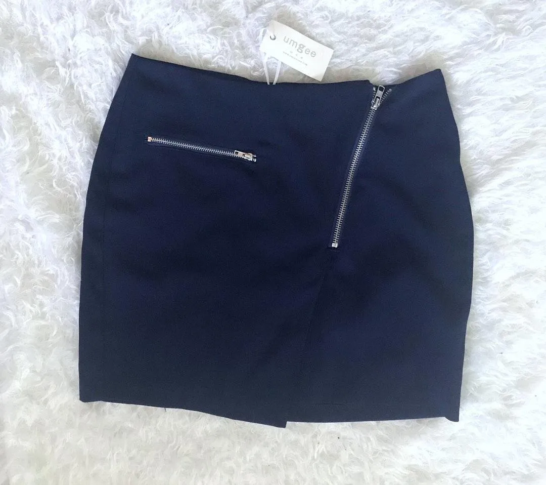 Zipper Asymmetrical Navy Mini Skirt Blue - Image 2