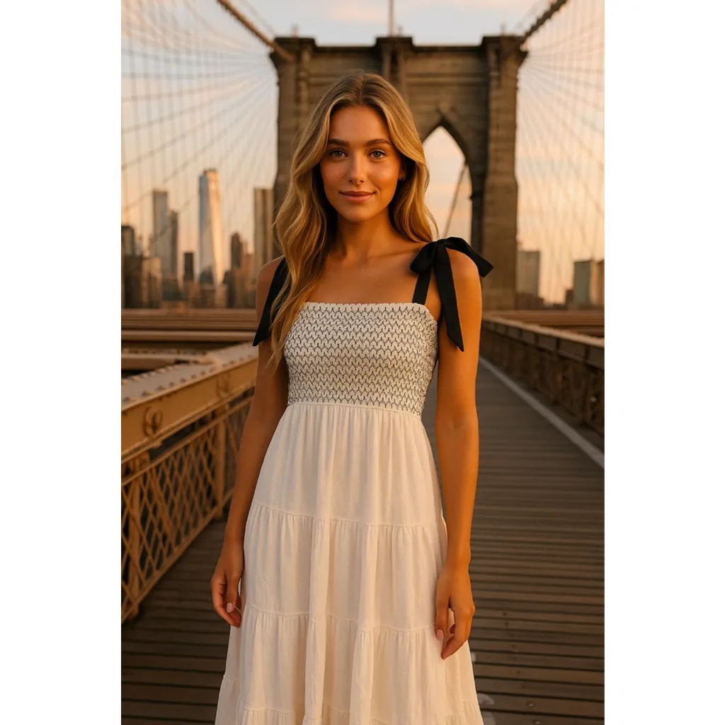 Kaktus Smocked Maxi Dress Black Satin Bow Tie Straps White Tiered M Cottagecore Size M - Image 2