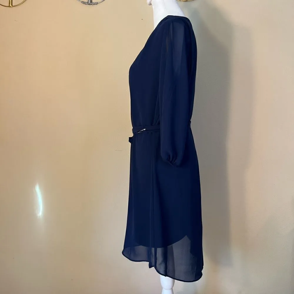 A. Byer Blue Semi Sheer Long Sleeve Strappy V Neck Belted Dress Medium - Image 2