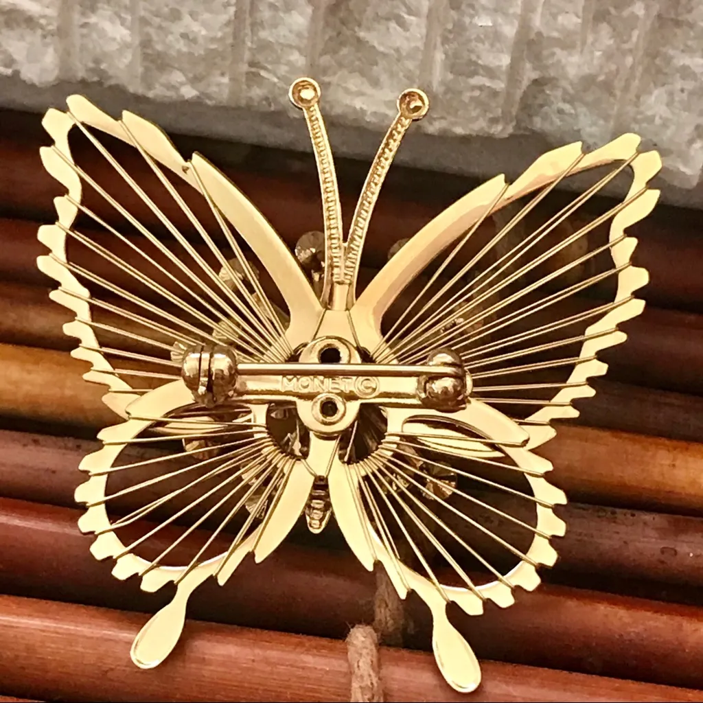 Monet Butterfly Gold Tone & Rhinestones Brooch - Image 2