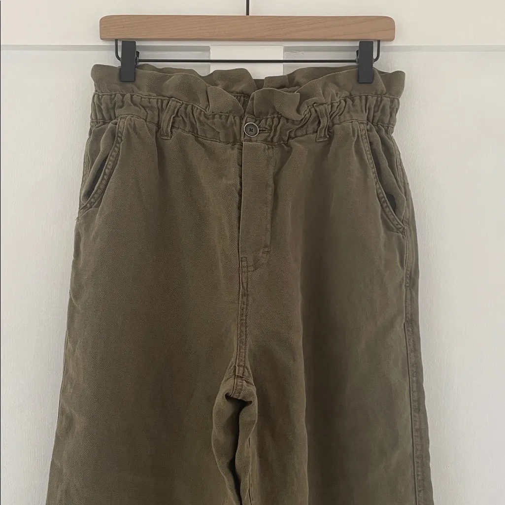 AERIE Linen Paper Bag Waist High Rise Pull On Pants Olive Green Size M - NO BELT - Image 5
