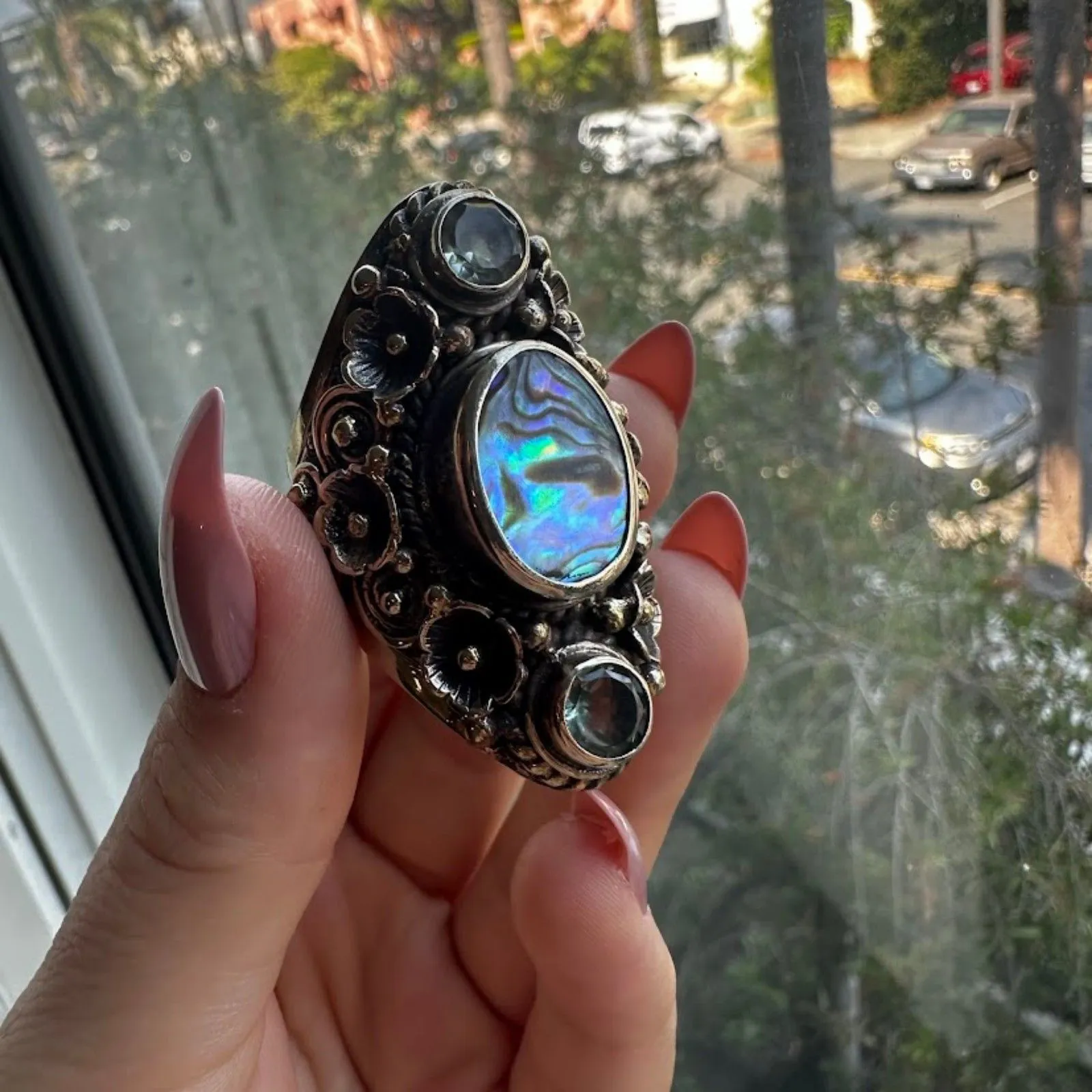 Tibetan Silver Ring with Abalone and Blue Stones Extra Large Adjustable - Image 2