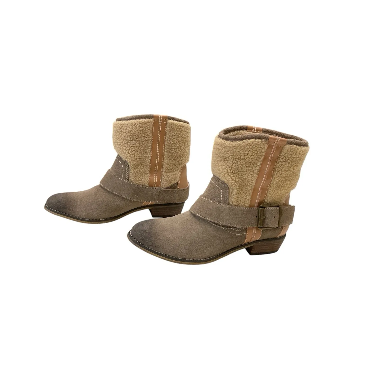 KELSI DAGGER khaki Suede Faux Sheepskin Fleece buckle Ankle Midcalf Boots 8‎ - Image 4