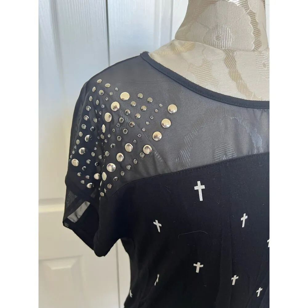 Vocal Cross Short Sleeve Top with Sheer Upper Layer + Studded Sleeves Small - Image 3