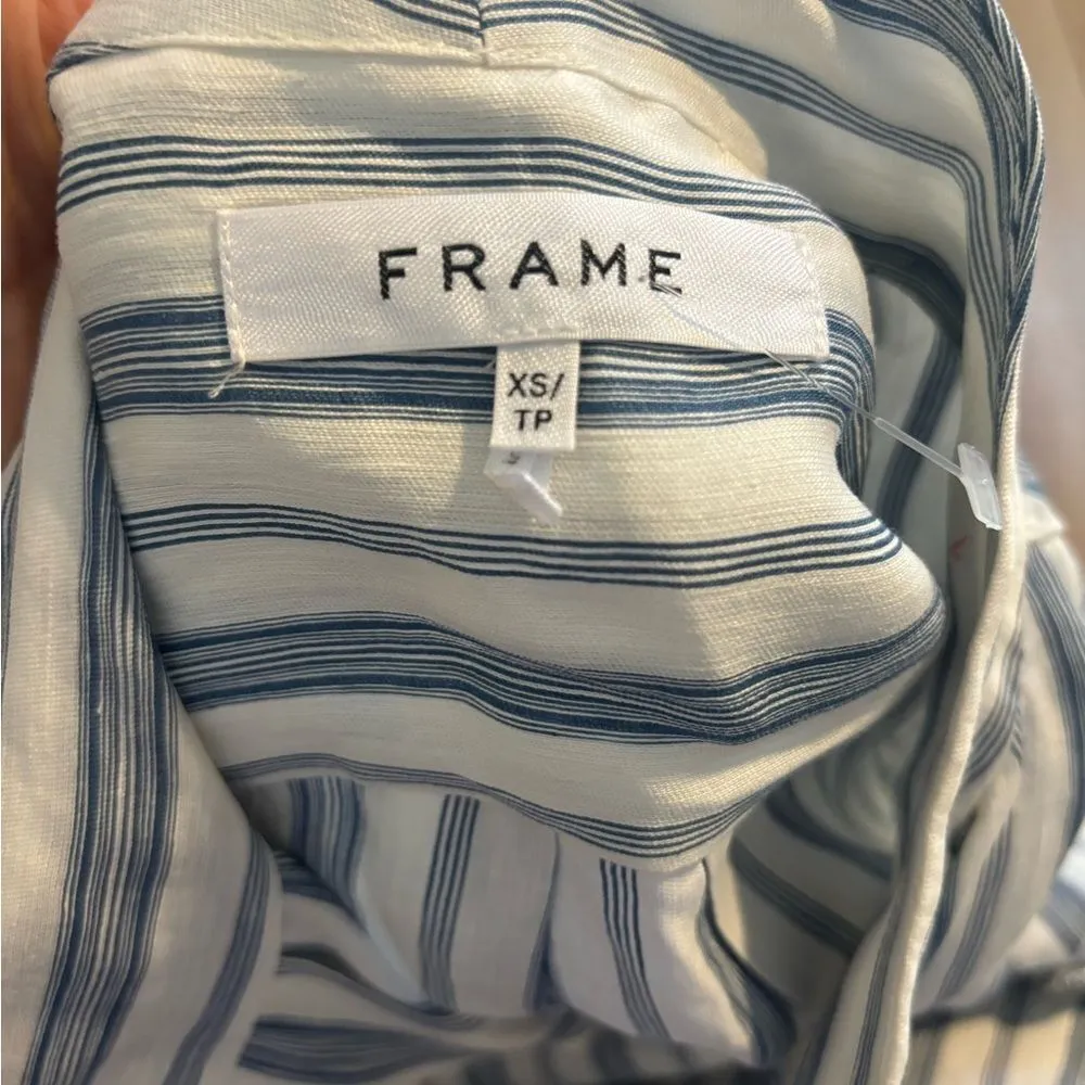 Frame Stripe Clean Collar Linen Blend Shirt In Off White Multi - Image 8