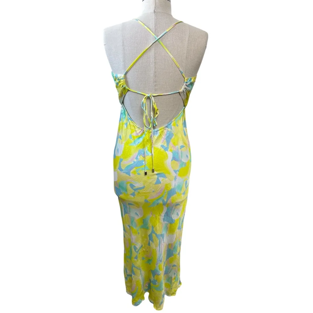 SUBOO Kaleidoscope Twist Front Satin Slip Dress Splash Print Resortwear Large Green - Image 5