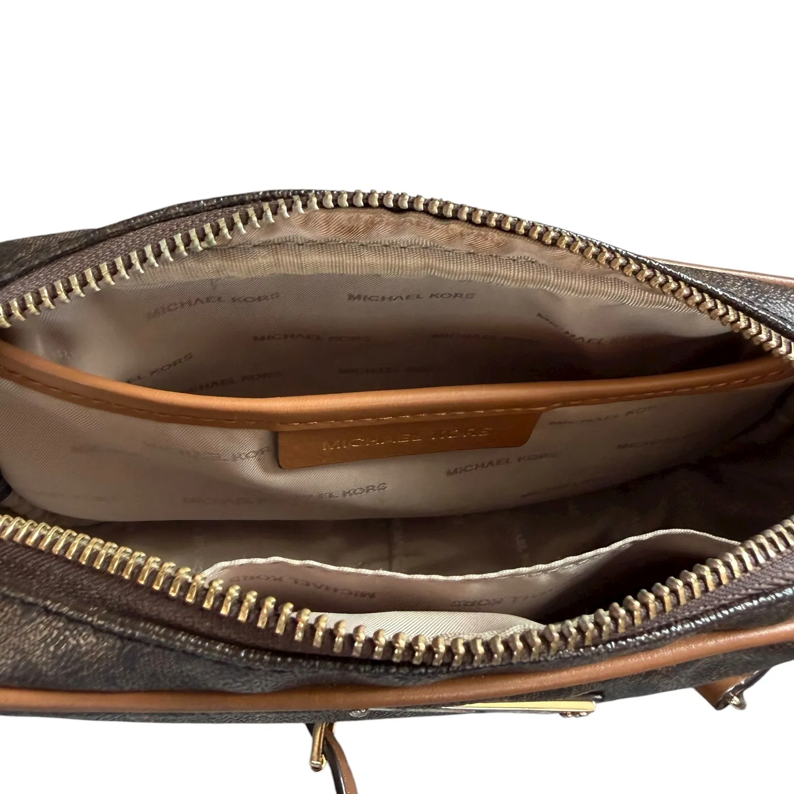 Michael Kors Jet Set Brown MK Signature Crossbody Bag Leather Trim Gold Hardware - Image 13