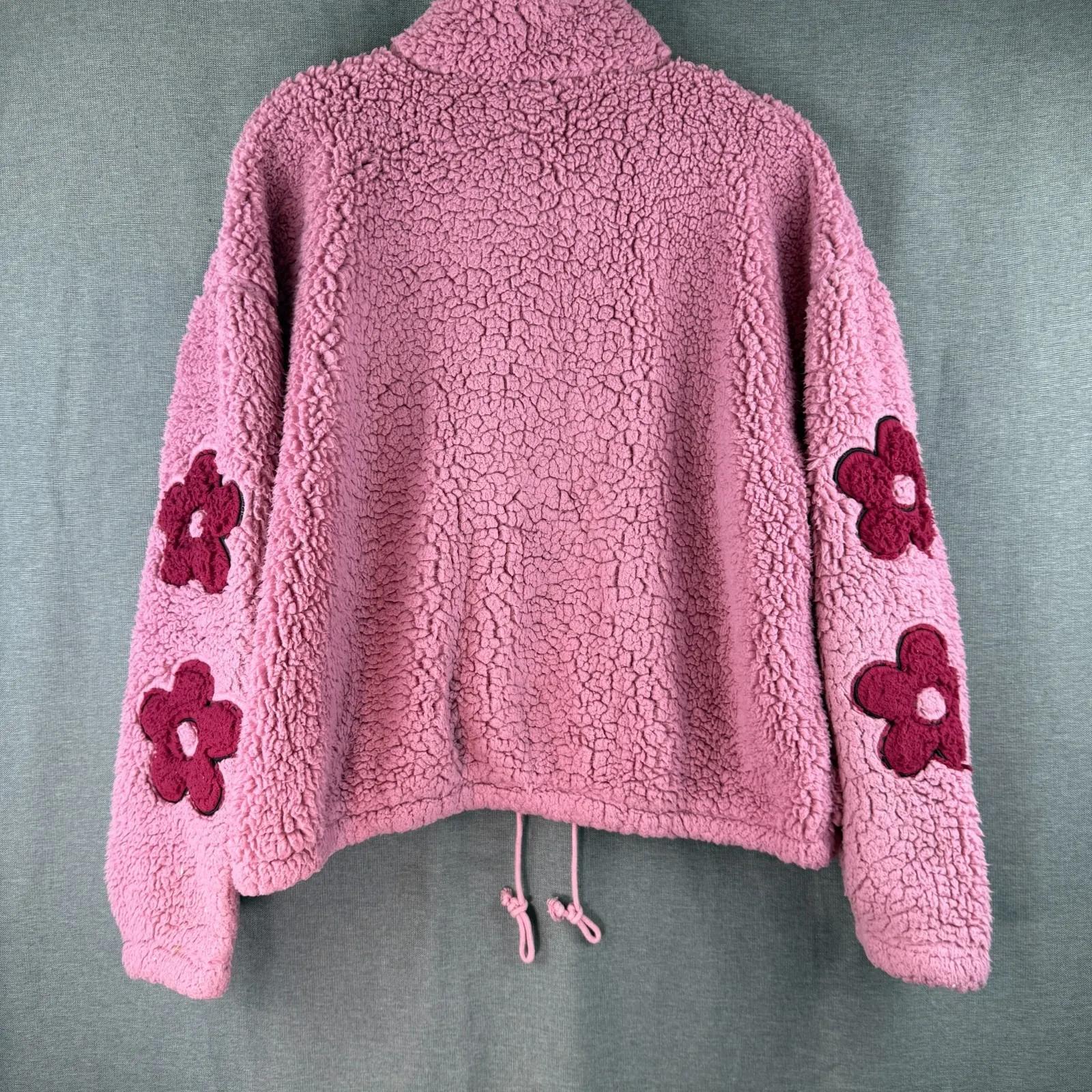 PacSun‎ Sherpa Medium Fleece Jacket Coat Pink Red Flowers Super Soft Teddy Sz L - Image 2