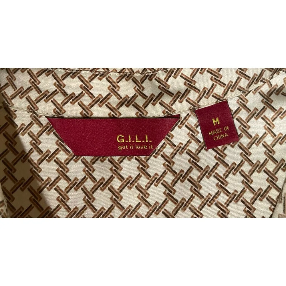 Womens Gili Brown Ivory Printed Silky Button Down Shirt Gold Button Accents Sz M Size M - Image 5