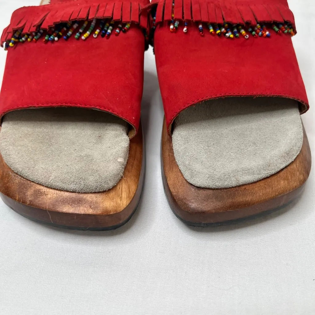 Rampage Womens y2k Red Suede Beaded Fringe Wood Clog Slide Sandals Size 7 - Image 7