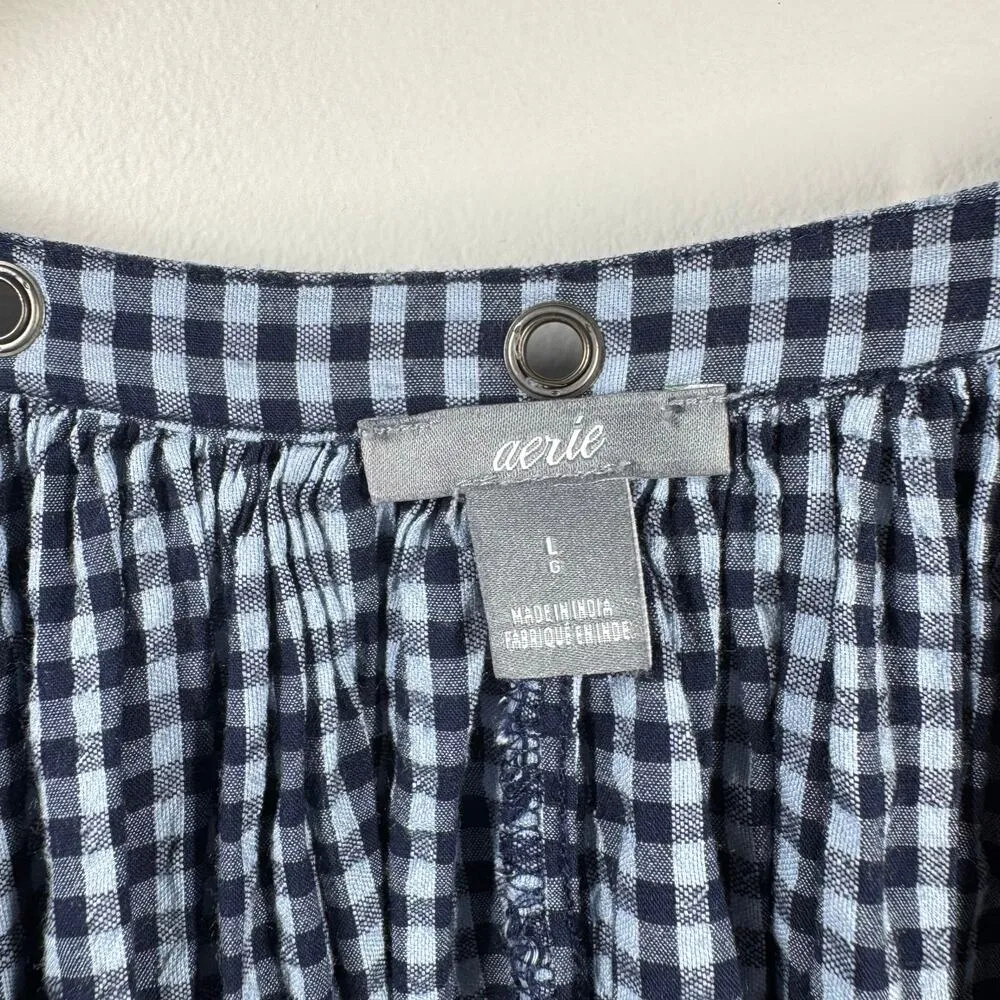 AERIE Long Sleeve Gingham Blue Longer Back Loose Tunic Blouse Women L Spring - Image 5