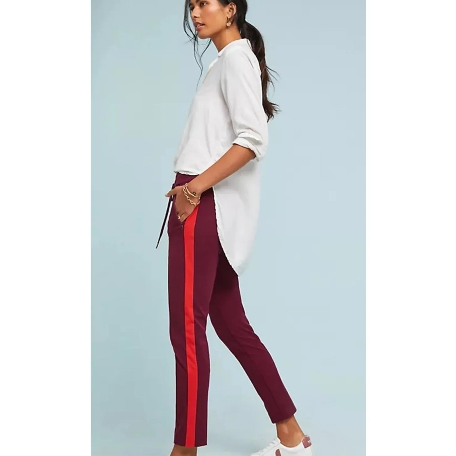 Anthropologie Burgundy Side Stripe Jogger Pants Sporty Chic Pull-On Trousers 4 - Image 11