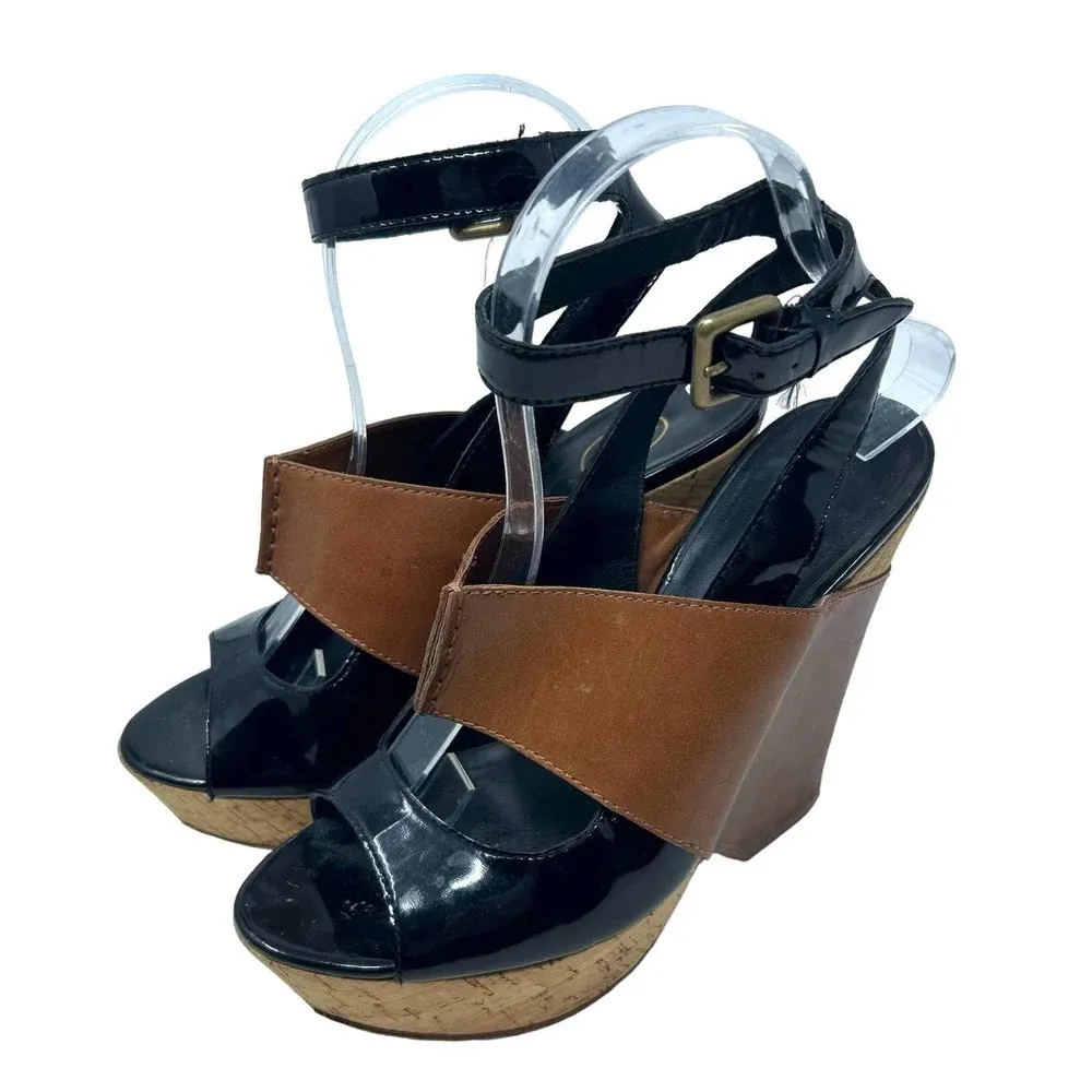 ASH Roma Platform Wedge Heel Sandals Black Patent Cognac Leather Size 38‎ US 7 - Image 4