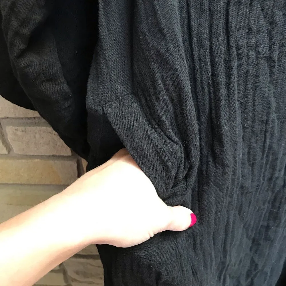 Sunday Atelier Caftan Coverup Dress Black Slub 100% cotton Pockets Coastal Small - Image 7