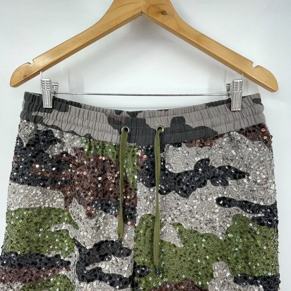 NEW Retrofete Idan Camo Army Sequin High Waisted Loose Fit Cargo Shorts Medium Tan - Image 3