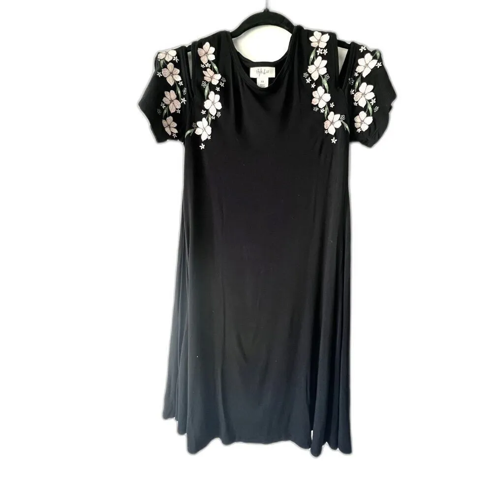 Women's mini embroidered black dress Style & Co Floral Swing Knee Cold XS - Image 11
