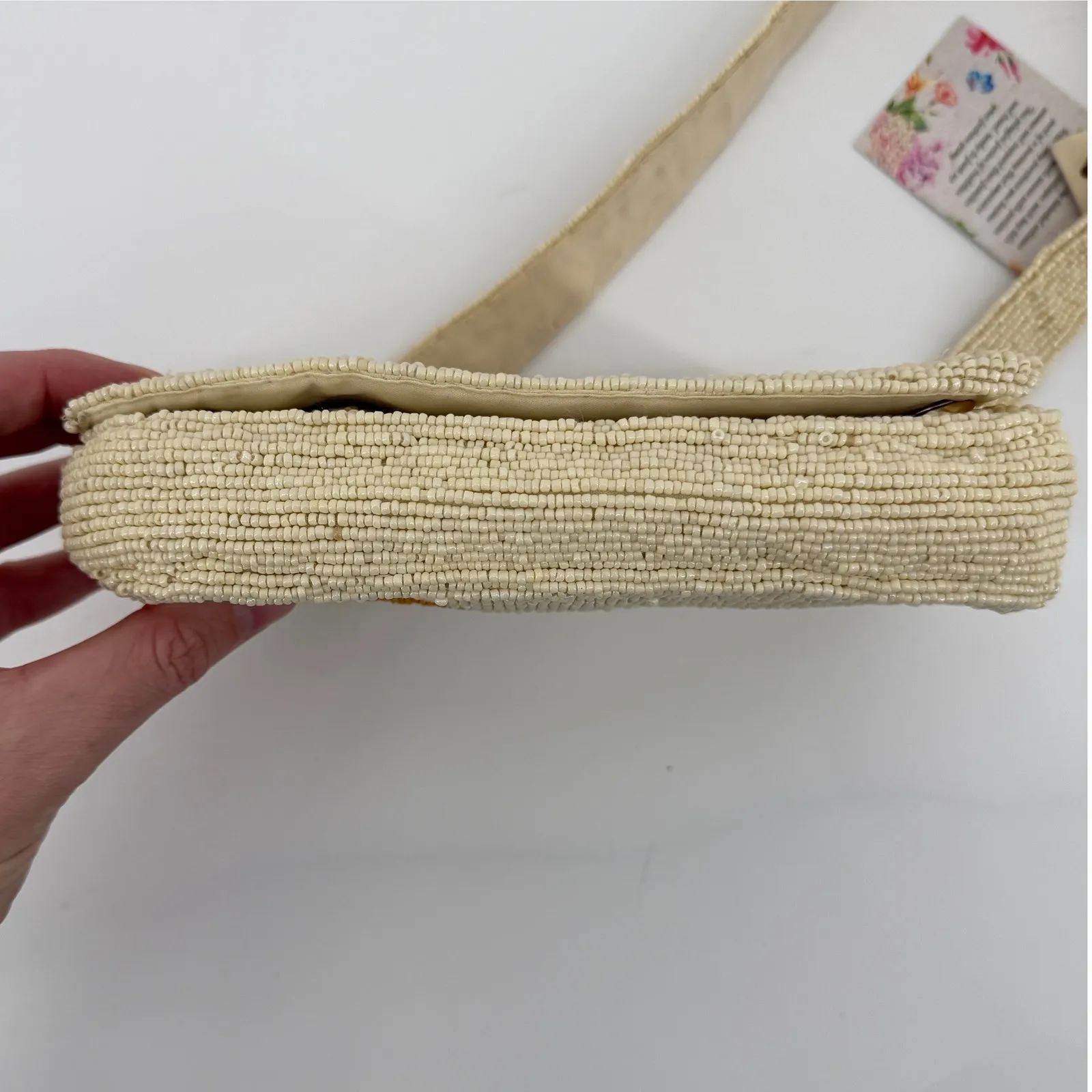 Handcrafted Beaded Macaroon Coffee Croissant Shoulder Bag Purse Cream India Made - Image 7