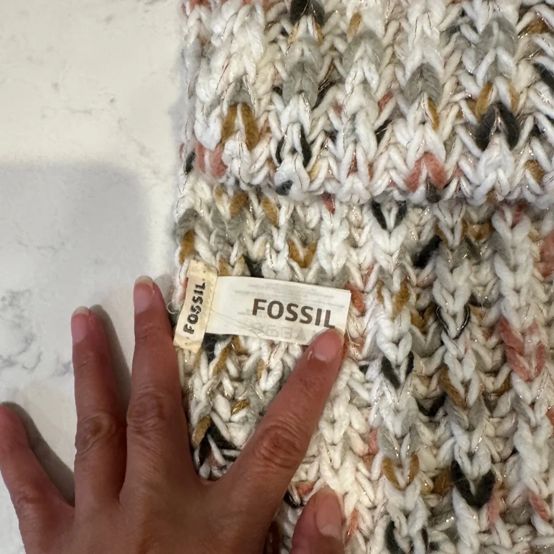 Fossil winter knit scarf natural colors gold metallic accents tassels large - Image 2