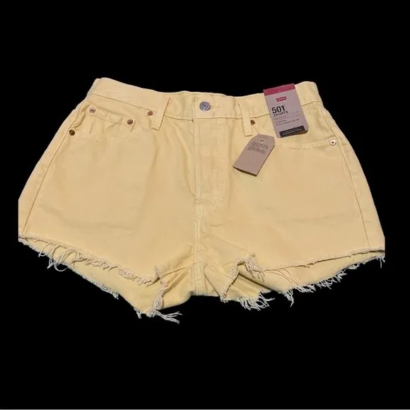 NWT Levi's 501 Yellow Jean Shorts Size 30 Button‎ Fly Cut Off Denim Raw Hem - Image 3